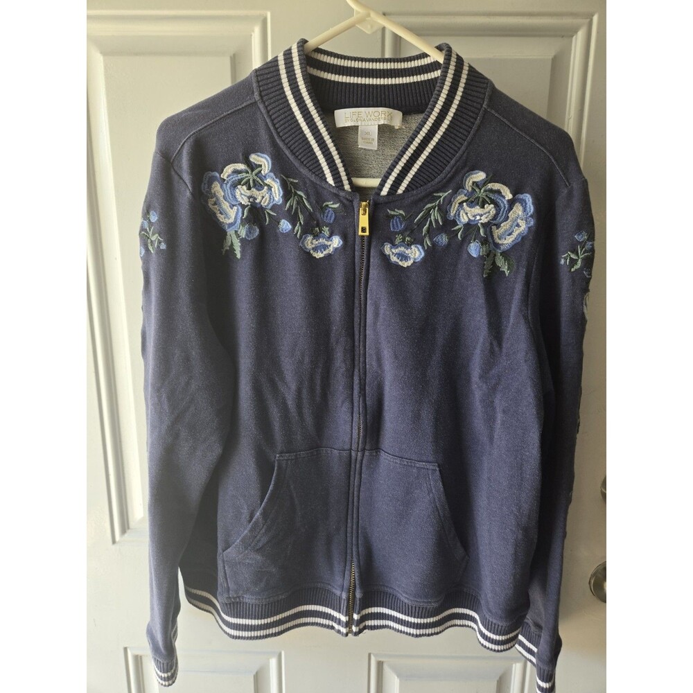 Life Worx By Gloria Vanderbilt Womens Large Jacket Knit Zip Gray Embroidery